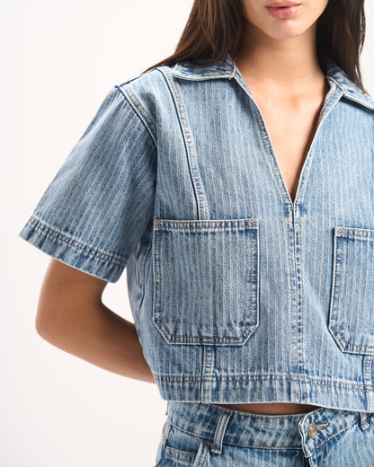 LIGHT BLUE STRIPED DENIM POLO TOP