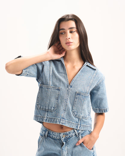 LIGHT BLUE STRIPED DENIM POLO TOP