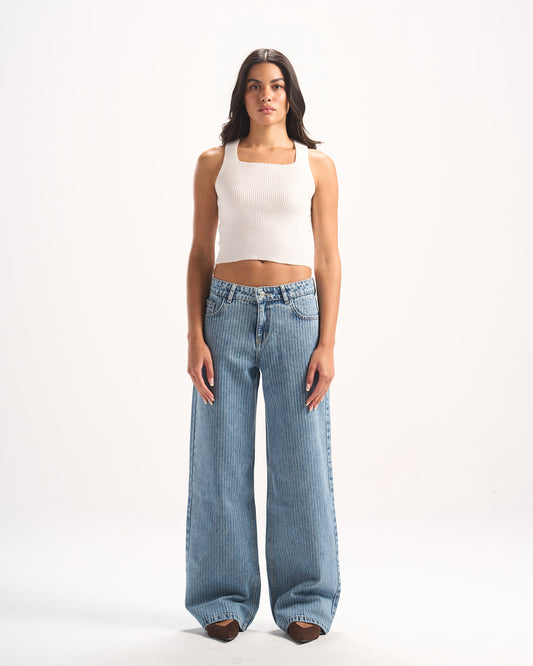 LIGHT BLUE STRIPED DENIM PANTS