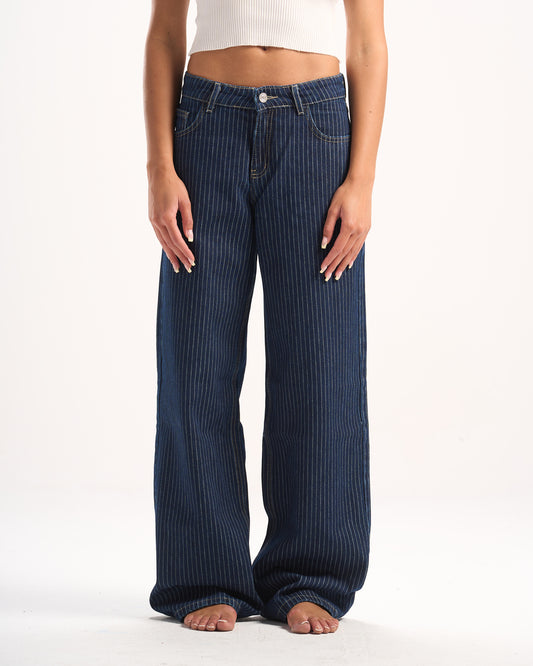 NAVY STRIPED DENIM PANTS