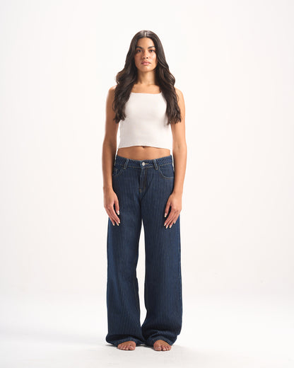 NAVY STRIPED DENIM PANTS
