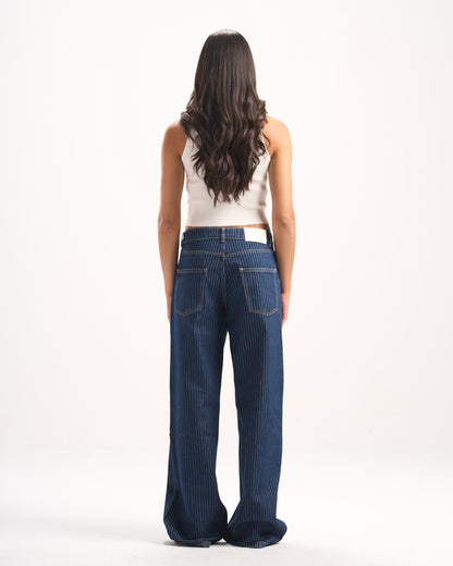 NAVY STRIPED DENIM PANTS