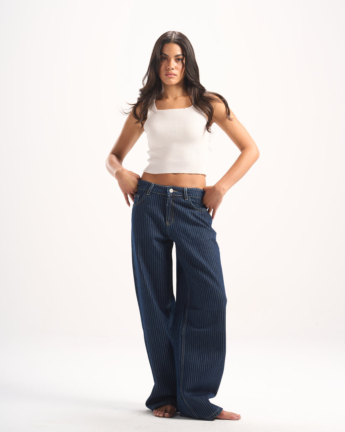 NAVY STRIPED DENIM PANTS