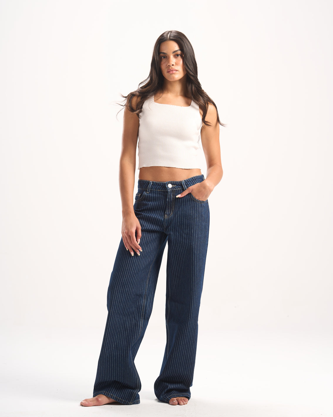 NAVY STRIPED DENIM PANTS