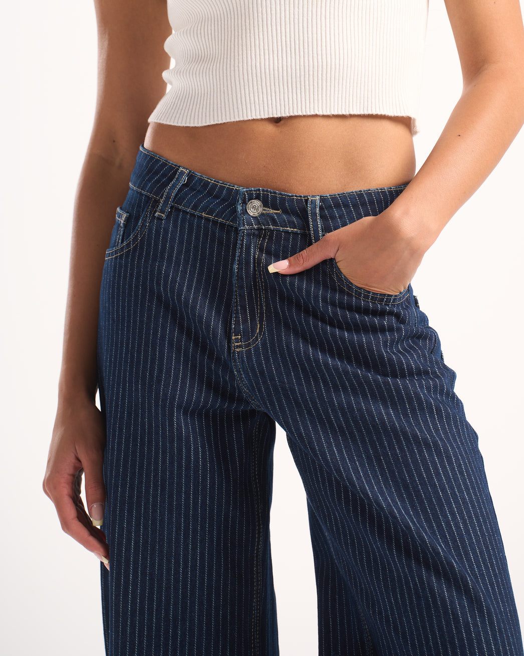 NAVY STRIPED DENIM PANTS