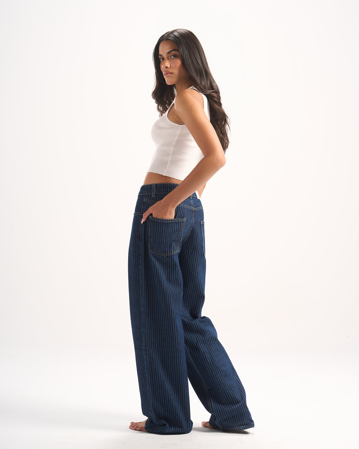 NAVY STRIPED DENIM PANTS