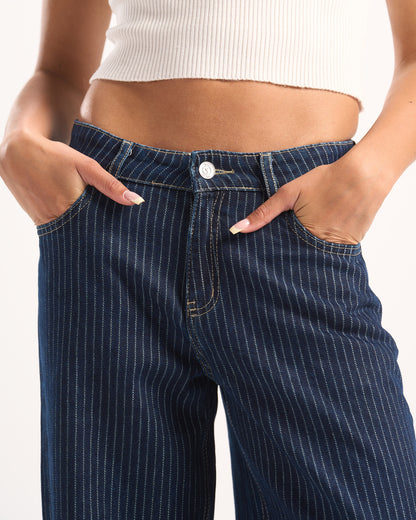 NAVY STRIPED DENIM PANTS