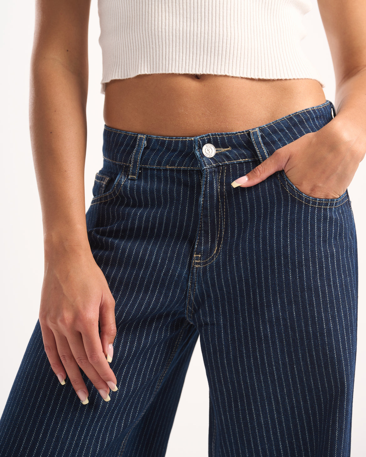 NAVY STRIPED DENIM PANTS
